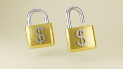 3d icon on solid color background, gold finance series, minimal style, 3d render illustration. Closed and Opened Metal Golden Padlock Icon.