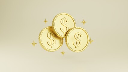 3d icon on solid color background, gold finance series, minimal style, 3d render illustration. Golden coins with golden small stars