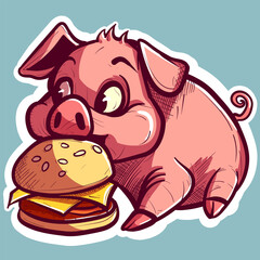 Digital art of a hungry piglet eating a burger. Vector of a pink pig devouring a big cheeseburger. Cartoon humanized animal with a hamburger.