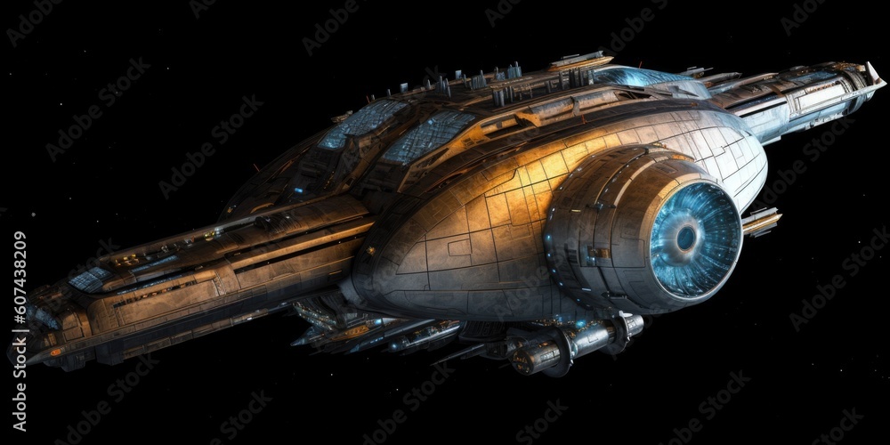Poster the advanced and futuristic exploratory science carrier spaceship. generative ai aig27.