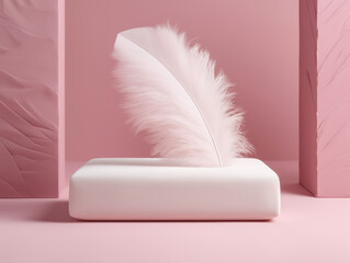 white feather on a pink background. Square podium for product presentation. ai Generative AI