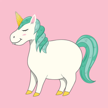 Cute fat unicorn. Cartoon illustration of fairy animal. Unicorn with blue hair.