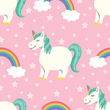 Seamless pattern with cute fat unicorn. Cartoon childish illustration of fairy animal. Unicorn with rainbow.