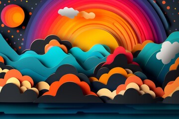 Fototapeta premium A paper art background with a 3D effect, A sunset and a cloud concept. Generate Ai