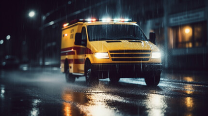 Fototapeta premium A truck with flashing lights drives in the evening. Generative AI