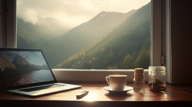 A laptop and a cup of coffee by the window overlooking the mountains and forests. Generative AI