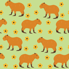 Capybara with flowers seamless pattern. Capybara character cute vector illustration