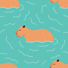 Cartoon Capybara seamless pattern. Capybara character in water cute vector illustration