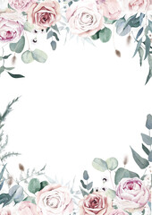 Watercolor Rectangular Shaped Frame with Roses and Eucalyptus Branches on Transparent Background