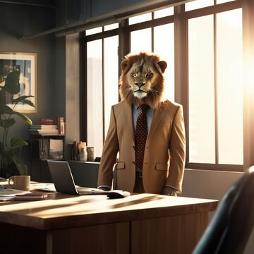 This photo of a lion wearing a suit and tie is a perfect symbol of power, nobility, and luxury, ideal for adding a touch of elegance to any decor. AI Generative.
