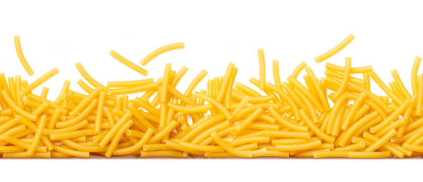 seamlessly tiling, pasta border: Italian short "maccheroni" or macaroni noodles isolated over a transparent background, cut-out tiling pasta / food design element