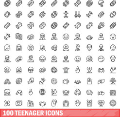 100 teenager icons set. Outline illustration of 100 teenager icons vector set isolated on white background