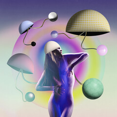 Space cyborg woman, robot in futuristic bodysuit and helmet standing on colourful background with...