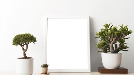 blank billboard in front of a wall, Desk with blank picture frame or poster, desk objects bonsai tree and a plants on a white background generative ai