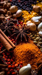 Obraz na płótnie Canvas Spices, Star Anise and Cinnamon Sticks Spread on Table. Healthy Cuisine or Market Concept.