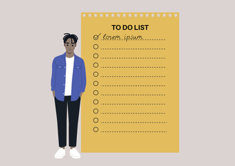 A full body portrait of a young adult wearing casual clothes, A yellow to-do list with empty check boxes and lines on the background