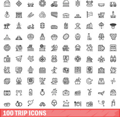 100 trip icons set. Outline illustration of 100 trip icons vector set isolated on white background