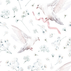 Watercolor Seamless Pattern Background with Doves and Gypsophila on Transparent Background