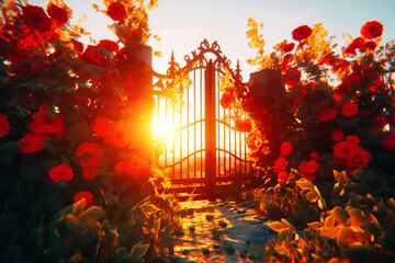 A gate to an unknown place surrounded by flowers