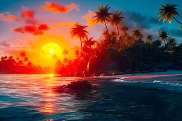 Fototapeta na wymiar A serene tropical island with clear water and palm trees