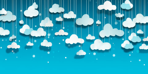 Background graphic of cut-out clouds hanging by threads on a solid blue background