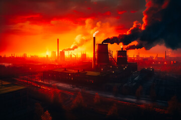 A smoking factory chimney causing air pollution in the middle of the suburbs, a post-apocalyptic vision of a sunset