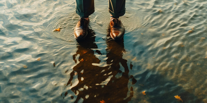 A Man Stands In Shallow Water, Looking Down At His Feet