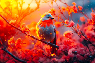 Illustration of a bird at sunset in flowers