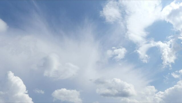 Cloudscape - blue sky, moving different types of clouds at different altitudes of the atmosphere. Sky background with moving clouds white and grey - timelapse.