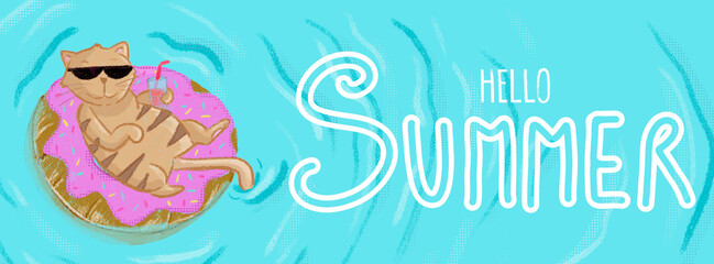 Banner, hello summer illustration with cat in a pool using sunglasses and drink juice
