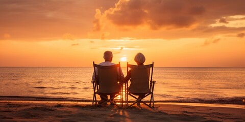 Fototapeta na wymiar A retired couple enjoying a sunset on a beach, symbolizing peace and relaxation in retirement, concept of Tranquility, created with Generative AI technology