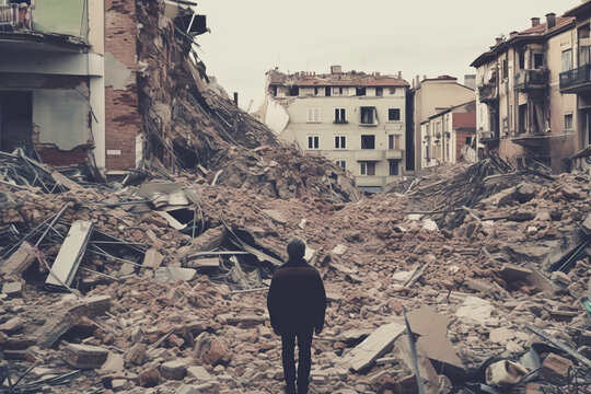 AI generative of a back view of a person looking natural disaster earthquake in a destroyed city