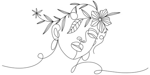 Women’s day line art style vector illustration. Background Line art vector illustration of  a woman face with flowers