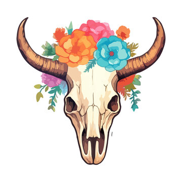 watercolor Longhorn Bull Skull and Flower