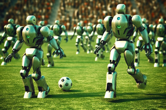 robot playing a soccer match in a pitch of a stadium full of supports