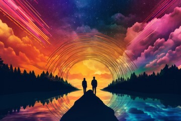 Couple walking on a surreal rainbow bridge, with vibrant colors radiating from their footsteps, symbolizing the journey of love and the shared adventures that await. Generative Ai
