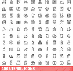 100 utensil icons set. Outline illustration of 100 utensil icons vector set isolated on white background