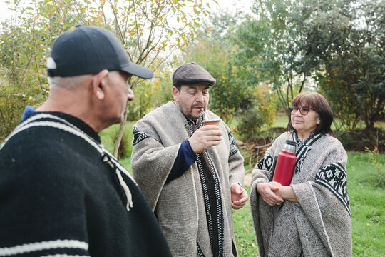 Serious senior friends with drinks in park together