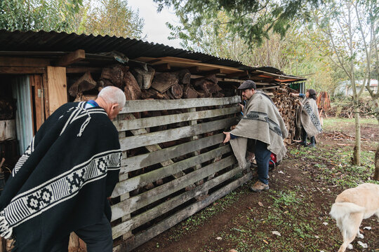 Focused senior men making fence in countryside