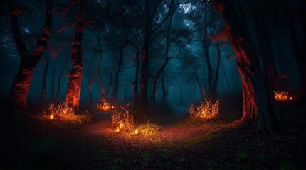 Scary Halloween forest with burning candles. Generative ai