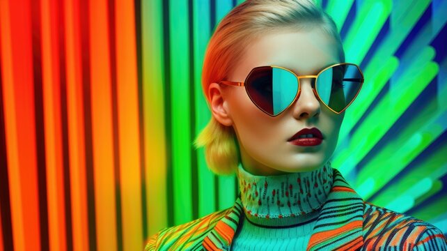 Fototapeta Young female model posing with trendy fashion outfit and colorful green optical art abstract background. Picturesque generative AI