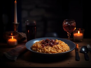 A Glass of Red Wine Next to a Plate of Pumpkin Risotto With Crispy Bacon, Served on a Rustic Wooden Table in a Candlelit Restaurant During Evening. Halloween Food Photography