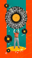 Man listening to music with vital record over vivid background. Contemporary art collage. Concept of music, lifestyle, art of sound, performance. Creative bright design. Vertical layout