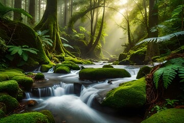Fototapeta premium A mystical scene in the rainforest, with sunlight filtering through the dense foliage and illuminating a carpet of ferns.,