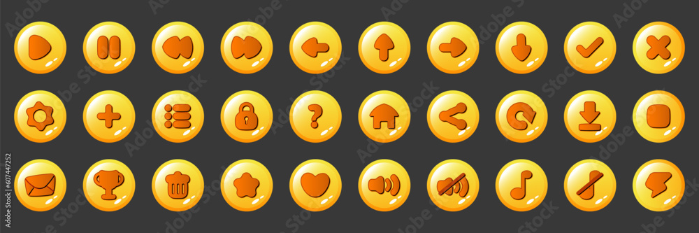 Poster Set of video game icons interface in orange circle