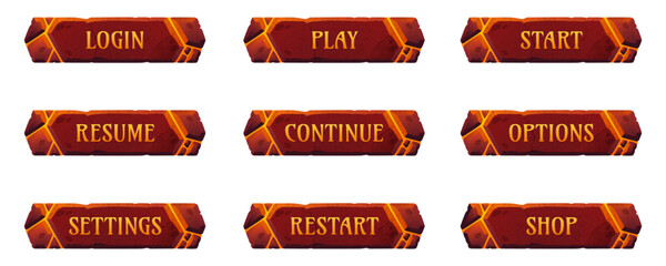 Game menu button collection. Login, resume, settings, play, continue, restart, start, options, shop