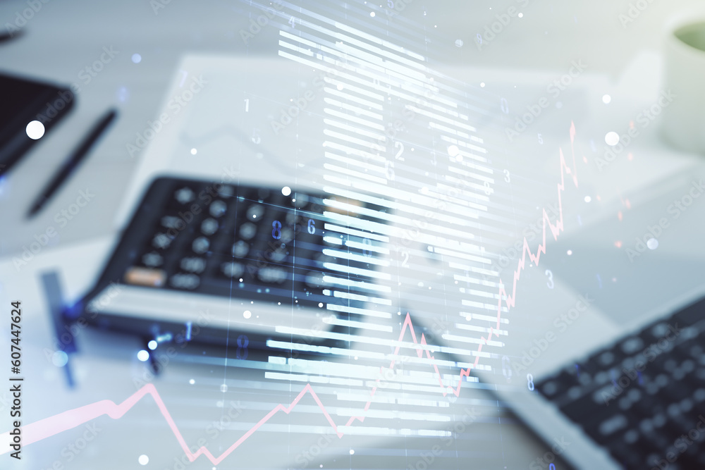 Poster double exposure of creative bitcoin symbol hologram on calculator and pc background. mining and bloc