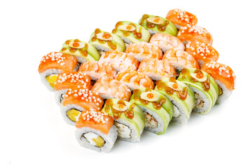 set of rolls with salmon and shrimp on white background for online delivery menu 2