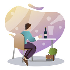 Alcoholism illustration. Man, bottle, glass, table. Editable vector graphic design.