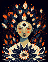 A psychedelic woman has the third eye on a dark background and a lotus flower.